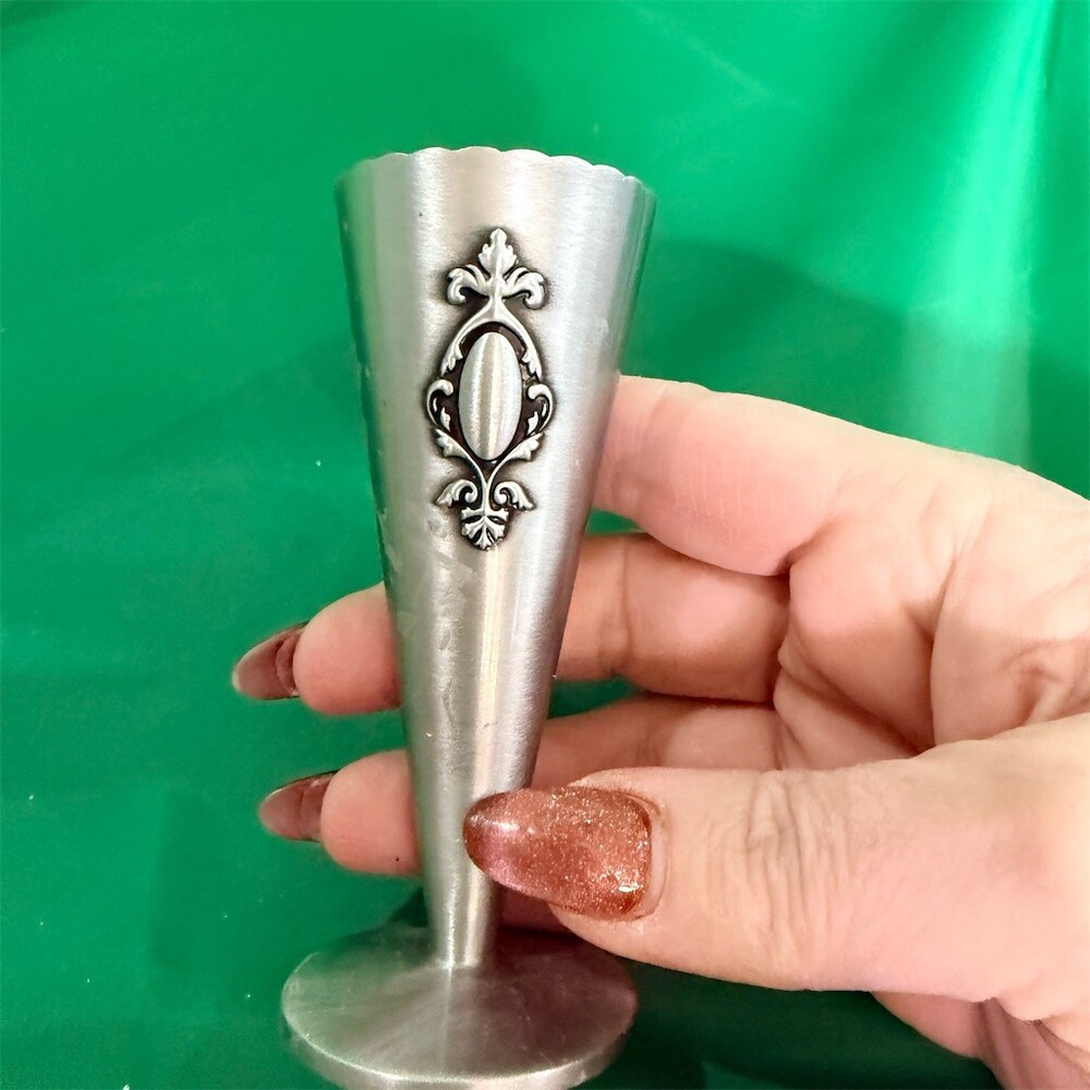 Vintage Mini Trumpet Bud Vase Silver Scalloped Rim Floral Medallion